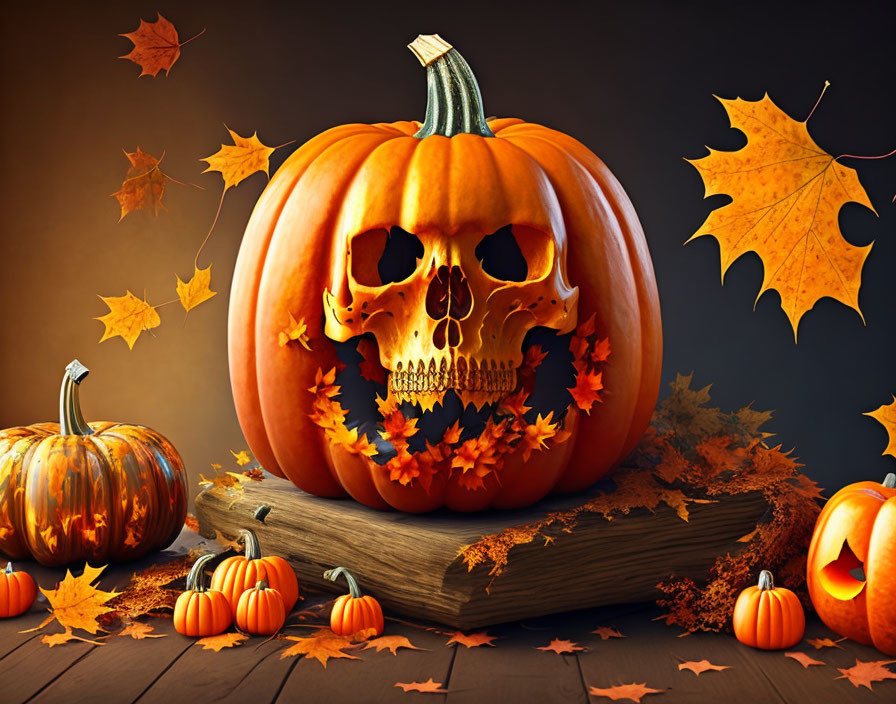 Carved pumpkin with skull face on wooden surface among autumn leaves.