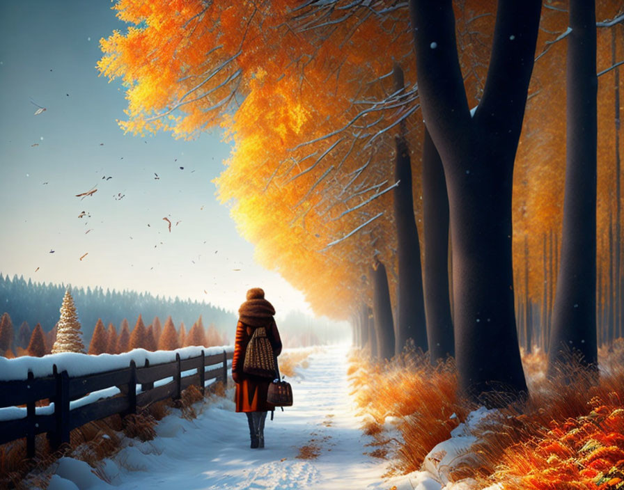 Person Walking Along Snowy Path with Autumn Trees and Wooden Fence