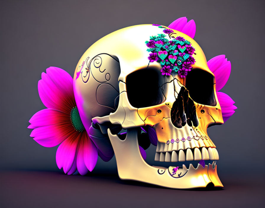 Colorful Floral Patterned Skull with Pink Flowers on Muted Background