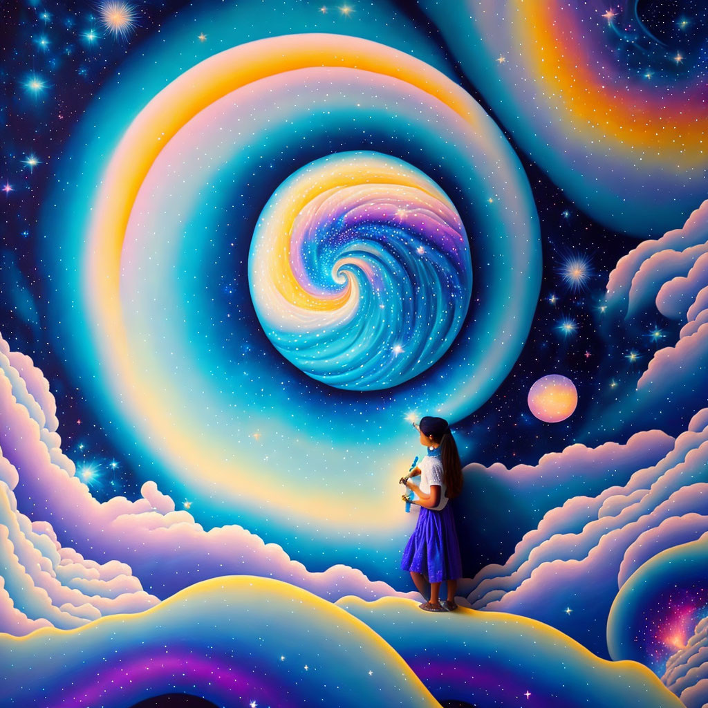 Girl standing on clouds gazing at swirling galaxy with stars, holding white dove