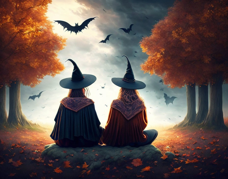 Silhouetted witches and bats in autumn forest scene