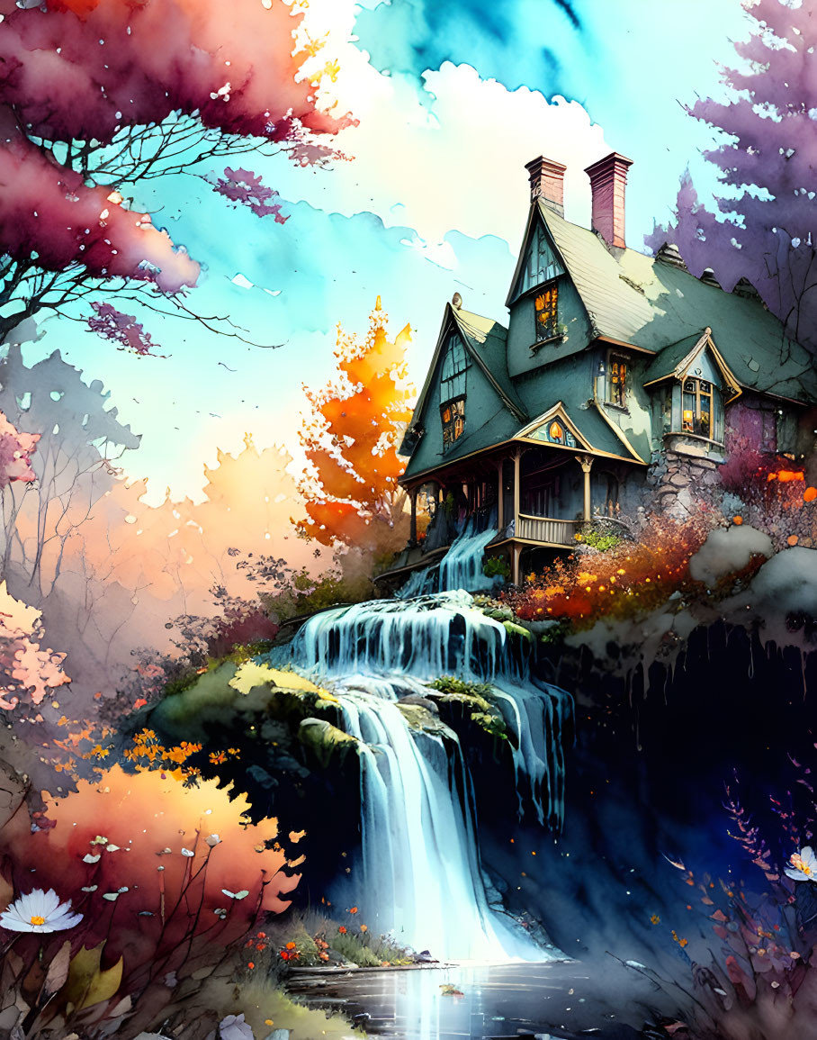 Colorful illustration: house on waterfall with autumn trees