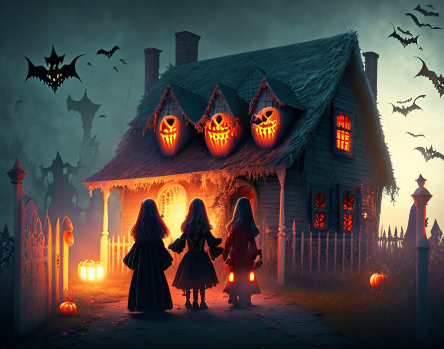 Children in costumes at spooky house with jack-o'-lanterns and bats at dusk