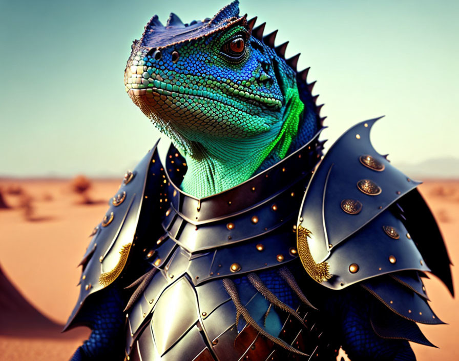 CG image: Blue and green iguana in metal armor on desert background