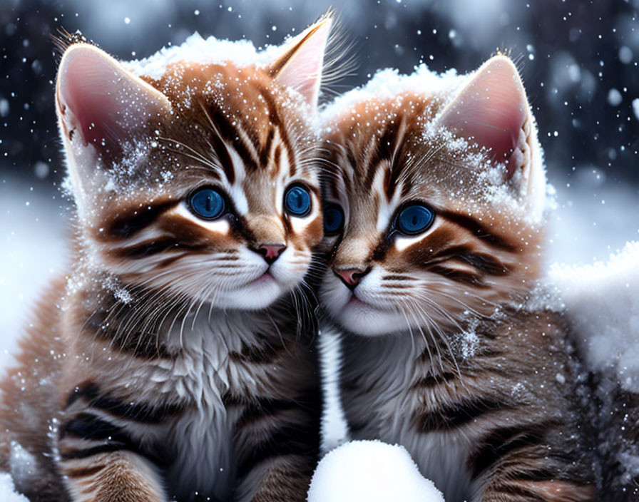 Brown Tabby Kittens with Blue Eyes Sitting Together in Snowfall