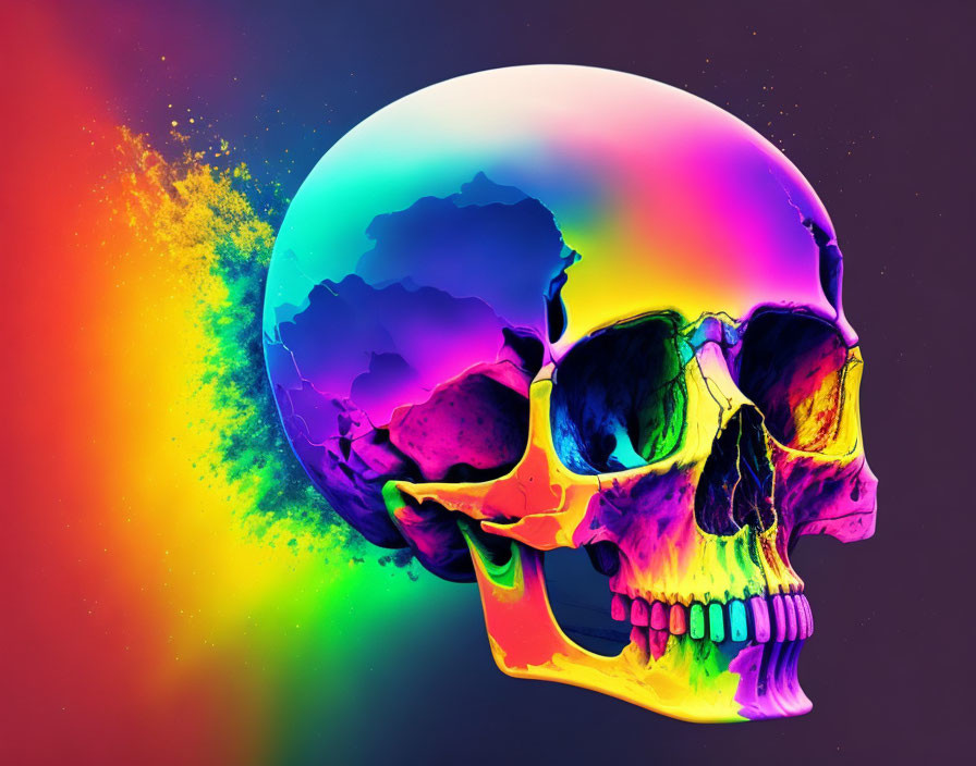 Colorful neon spectrum human skull on dark background with paint splatter effect