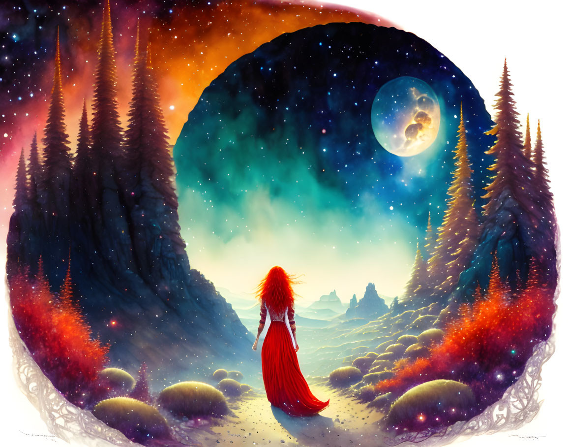 Red-haired woman in long dress gazes at night sky with stars, galaxy swirl, and full moon