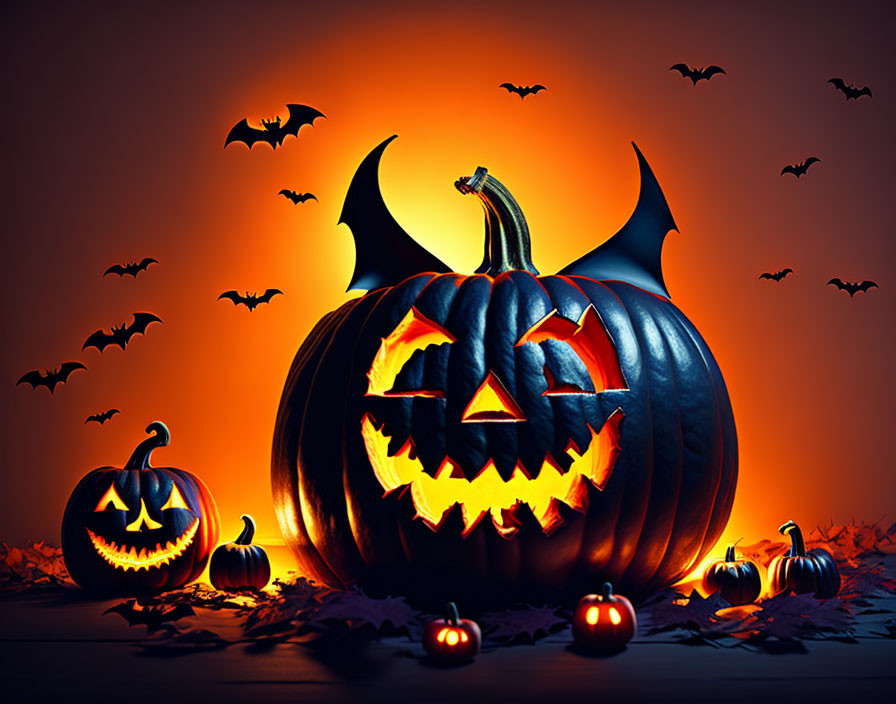 Spooky Halloween scene with glowing-eyed pumpkins, bat silhouettes, and small pumpkins