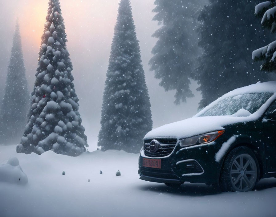 Snow-covered car parked in wintry landscape with pine trees and falling snowflakes