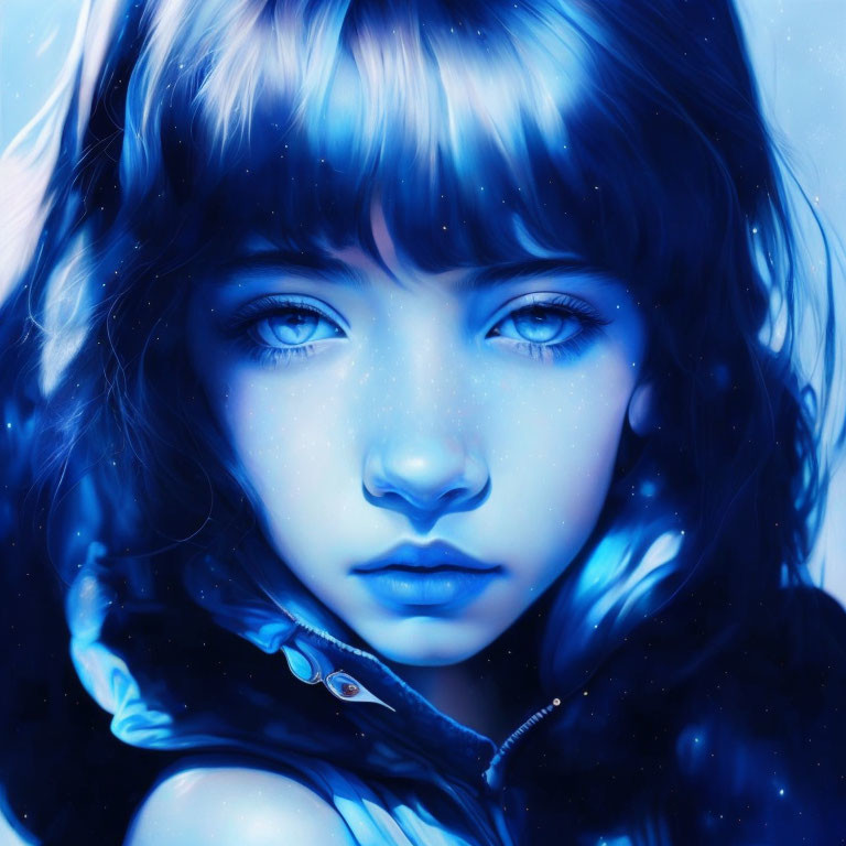 Detailed high-res illustration: girl with blue eyes and hair on blue backdrop with sparkling stars