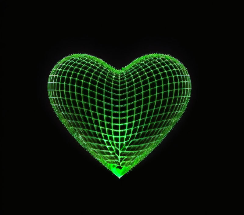 Neon green heart-shaped grid on black background