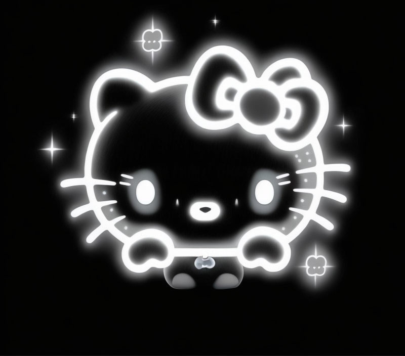 Cartoon character with ribbon in neon stars on black background