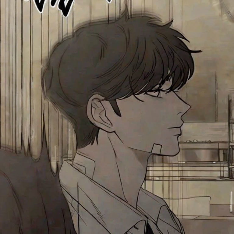 Pensive anime-style male character with dark hair in side profile