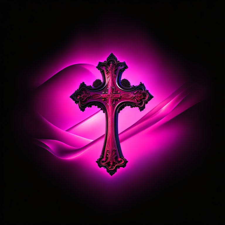 Intricate ornate cross glowing in vibrant pink hues against dark background