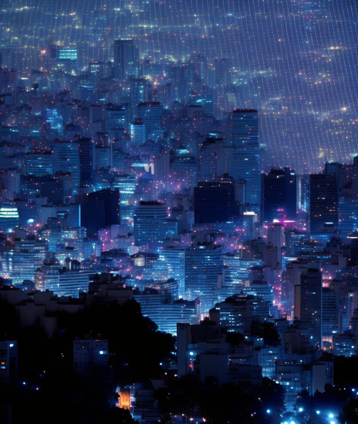 Blue and Purple Night Cityscape with Illuminated Skyscrapers