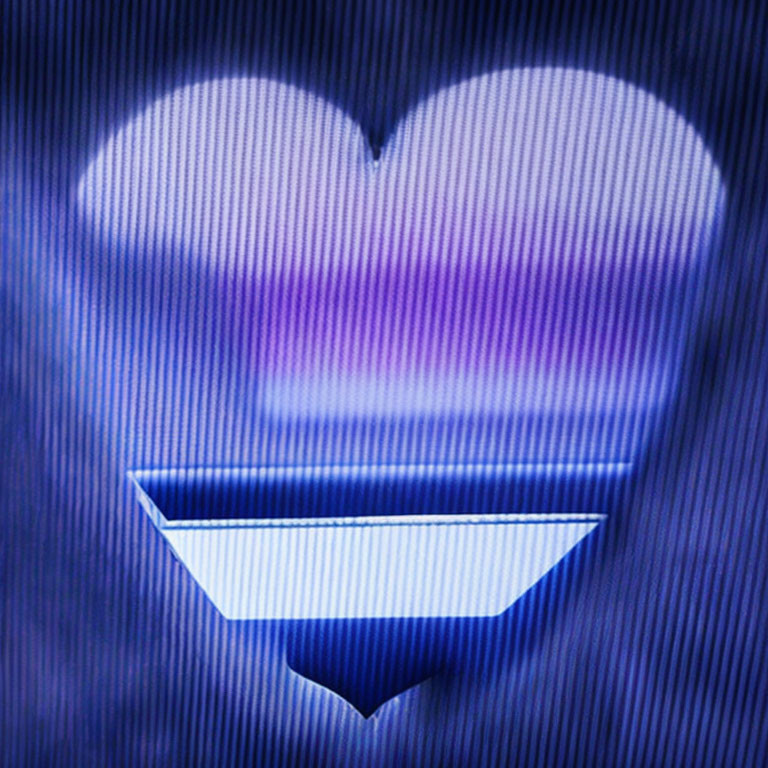 Purple Gradient Heart Symbol on Blue Background with Pinstripe Pattern