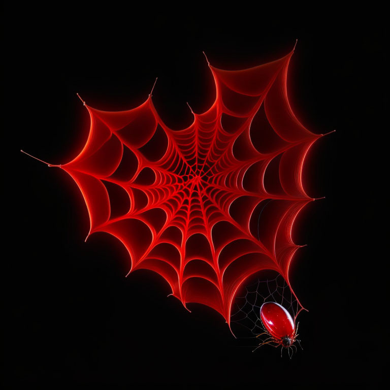 Red spider web art with glossy spider on black background