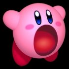 Pink spherical character Kirby in 3D against black background