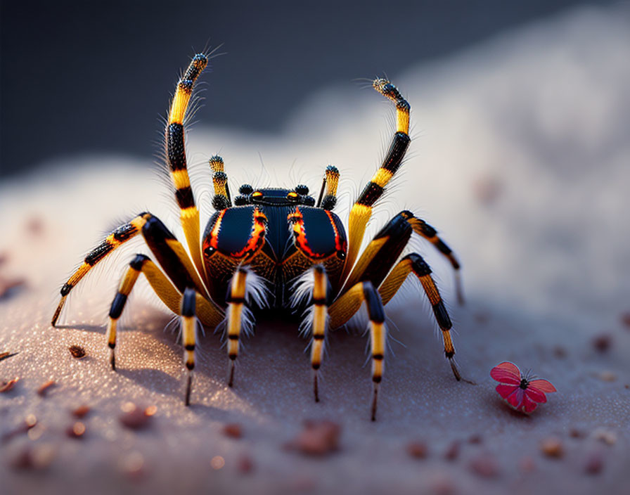 Colorful Spider with Banded Legs on Dewy Surface Near Pink Flower