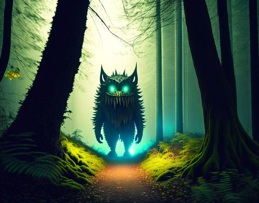 Menacing creature with glowing eyes in mystical forest setting