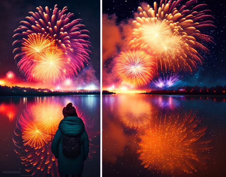 Person in winter jacket admires vibrant fireworks over lake at night