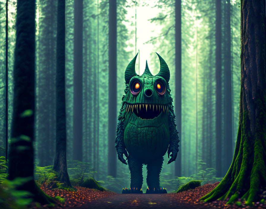 Cartoon-like monster with horns in misty forest setting