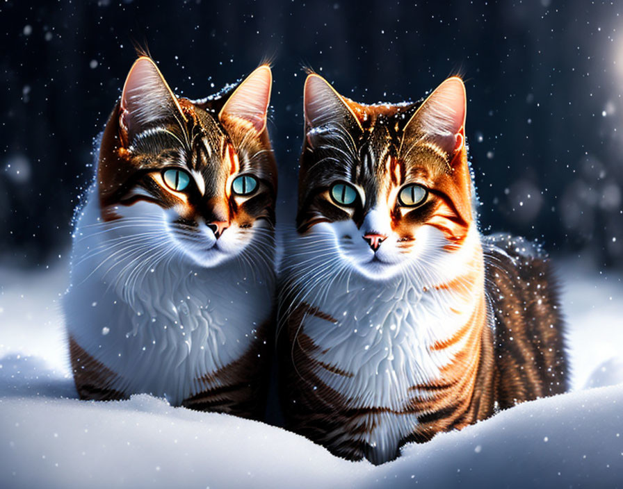 Two vibrant striped cats with green eyes in snowy scene