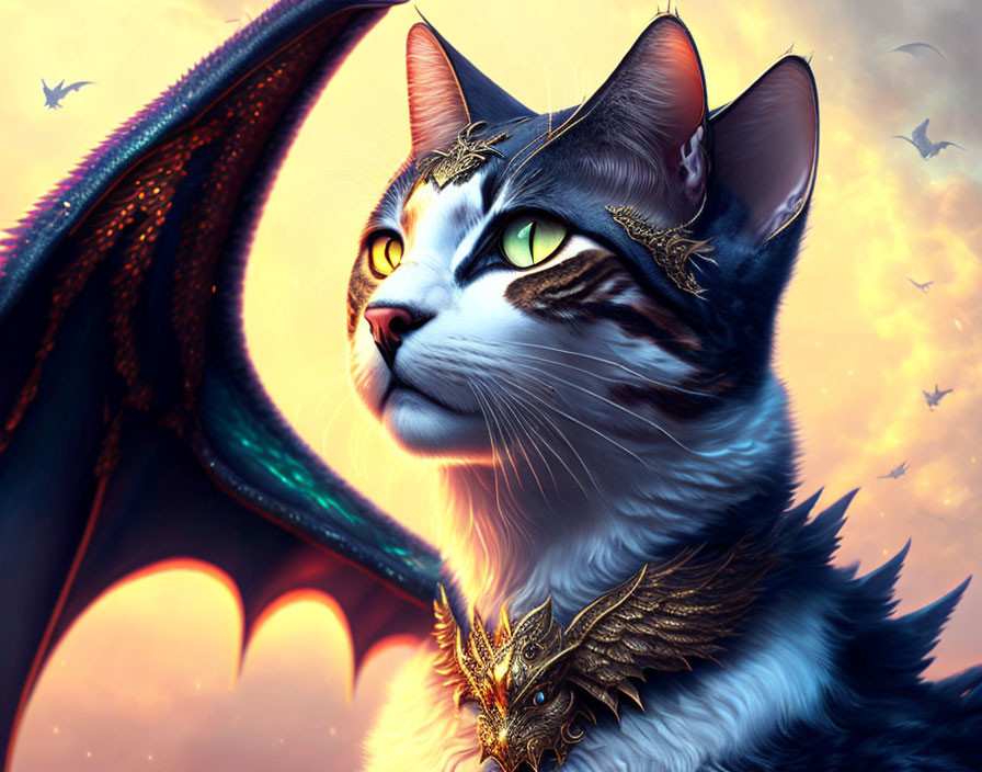 Fantasy art: Cat with dragon wings, ornate armor, green eyes