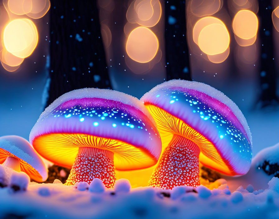 Colorful illuminated mushrooms in snowy forest setting