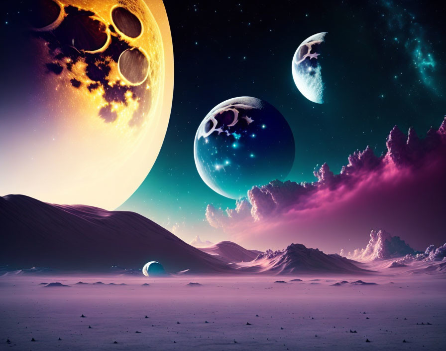 Fantastical cosmic landscape with multiple moons and planets in star-filled sky above desert with pink-purple neb