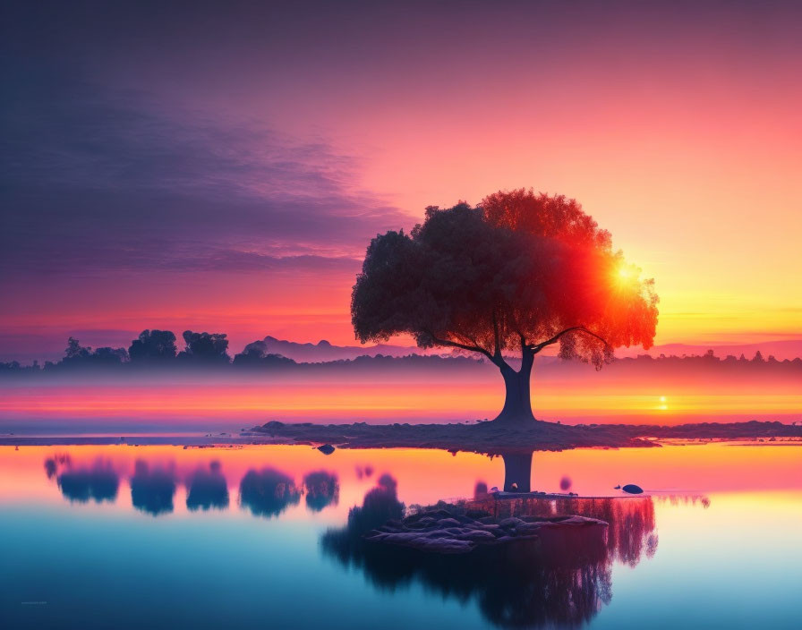 Solitary tree on land reflecting in tranquil lake at vibrant sunrise