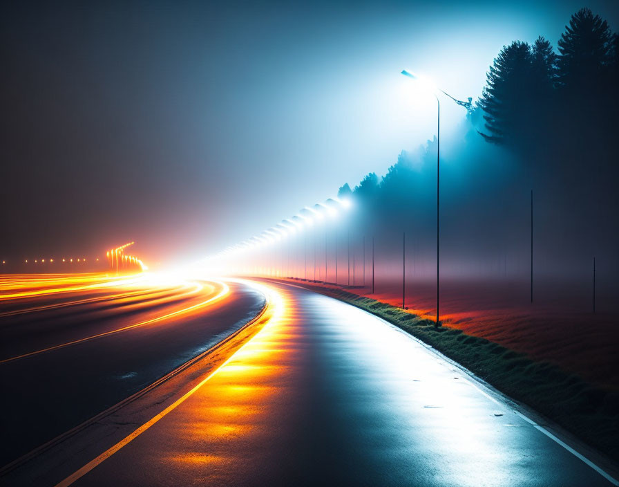 Night-time road scene with streaks of traffic lights and street lamps in foggy atmosphere