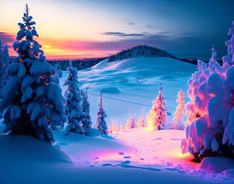 Snow-covered trees in serene winter sunset.