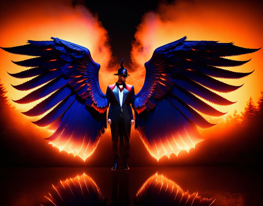 Person with Fiery Blue Wings in Tuxedo and Top Hat Against Red Smoky Backdrop