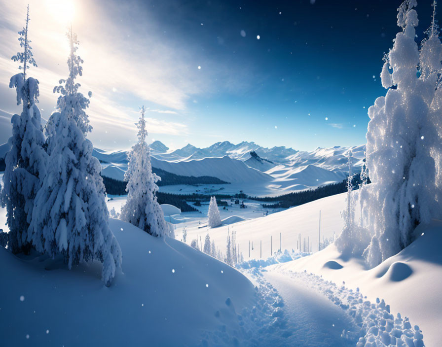 Winter scene: snow-covered trees, mountain range, clear blue sky, soft sunlight, falling snowfl