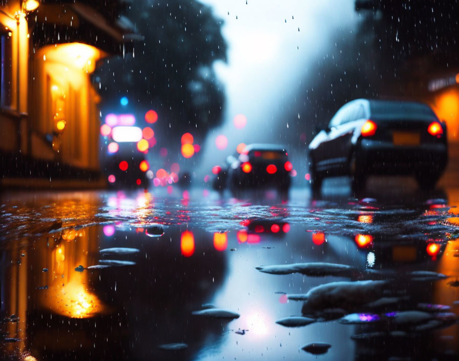 Rain-soaked night street with blurred car lights reflecting on wet pavement