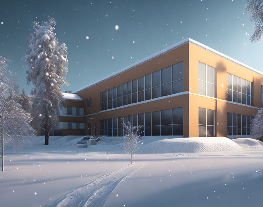 Modern building in snow-covered landscape with large windows