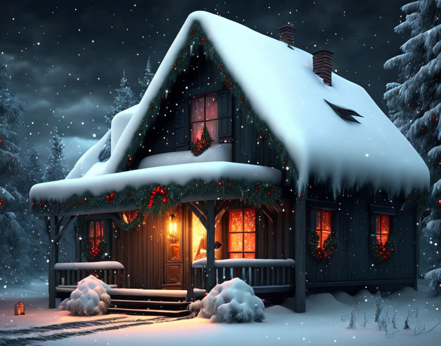 Snow-covered Cottage with Christmas Decorations in Tranquil Wintry Night