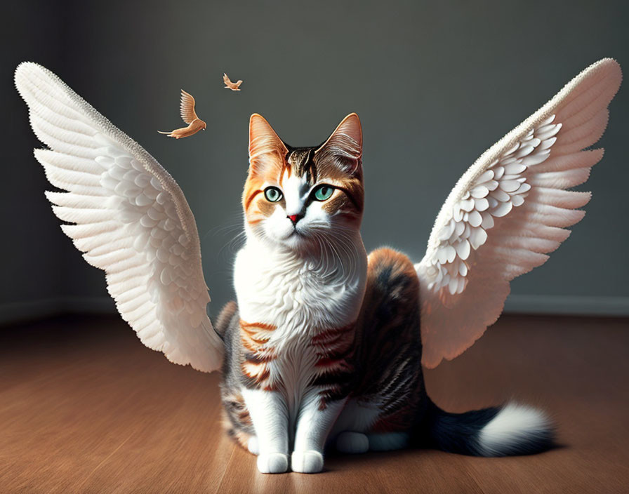 Domestic Cat with White Angel Wings and Birds in Background