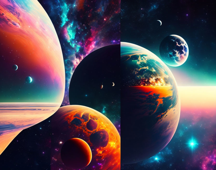 Colorful Cosmic Collage Featuring Planets, Moons, and Nebulae