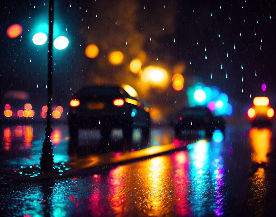 Blurred night scene with rain, city lights, cars, and bokeh reflections