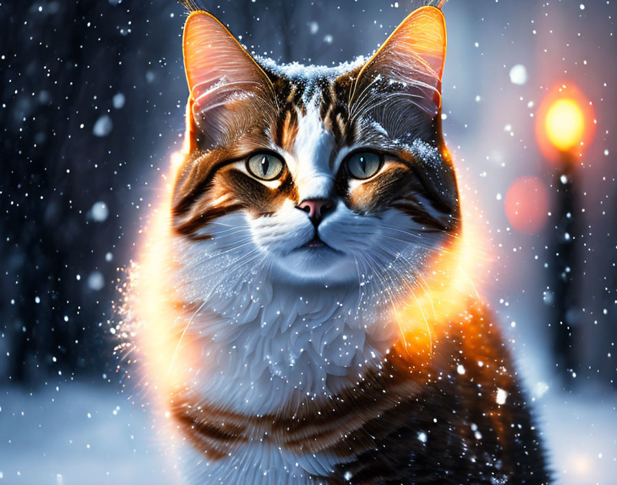 Tabby cat with snowflakes on fur and glowing streetlights in falling snow