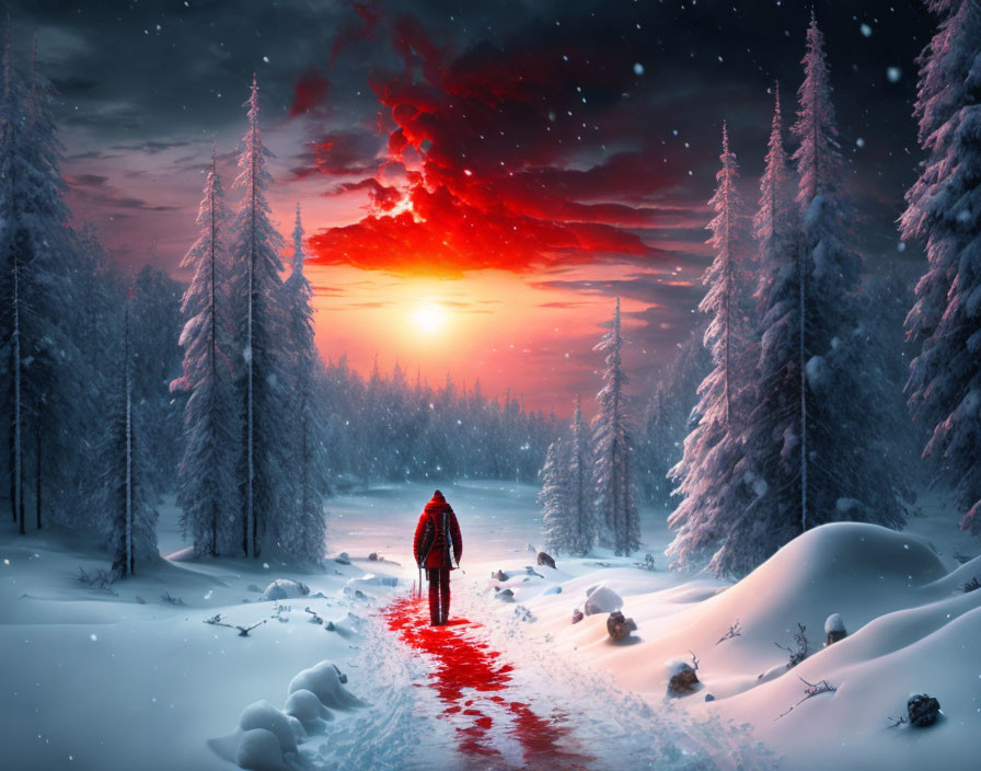 Person in Red Jacket Walking Snowy Path in Pine Forest at Sunset