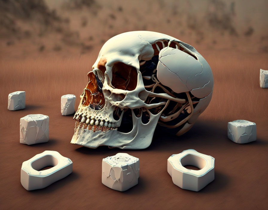 Surreal 3D dissected skull with mechanical gears and geometric shapes on desolate landscape