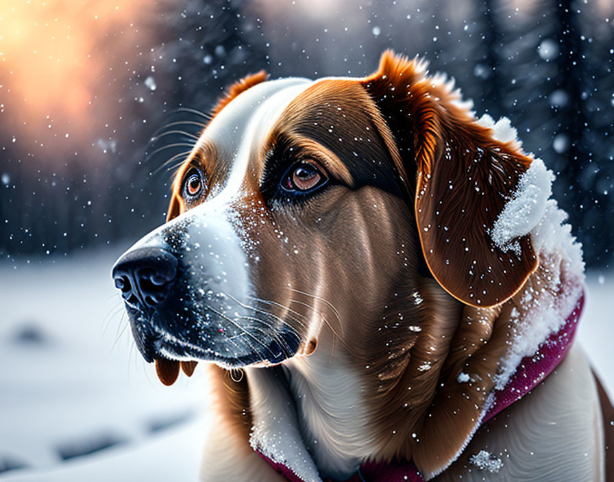 Brown and White Dog with Snowflakes and Pink Scarf in Snowy Scene