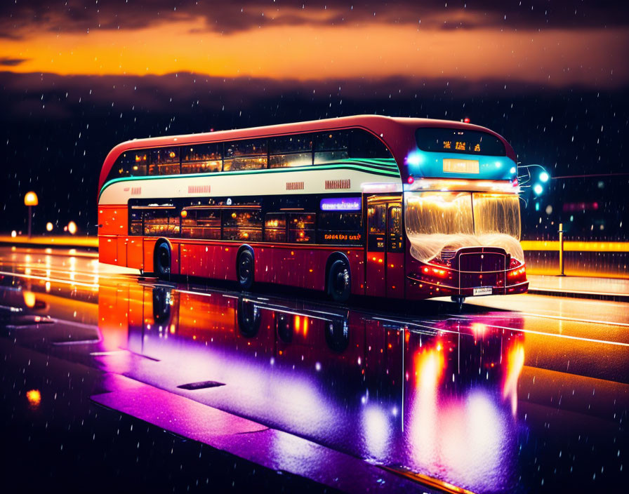 Red double-decker bus at night in rain, reflecting on wet road.