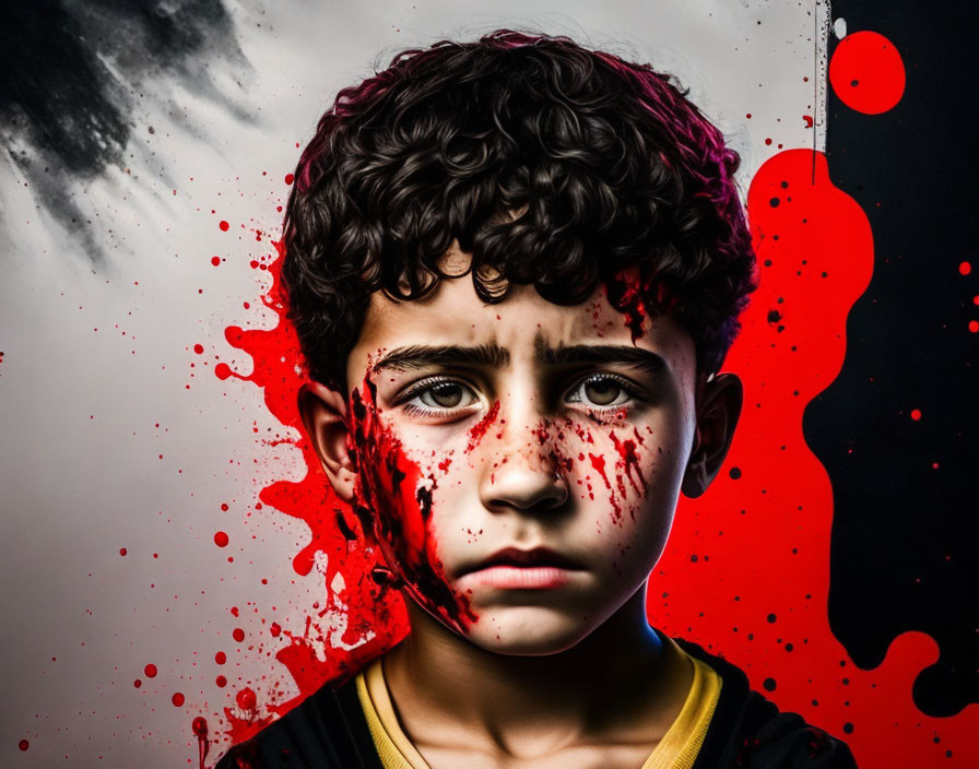 Serious young boy with curly hair splattered in red paint on black and white background