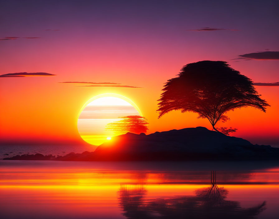 Majestic sunset with large sun, lone tree, fiery sky, and calm waters