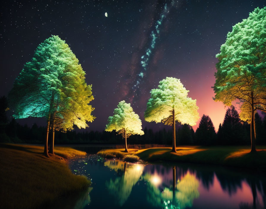 Night Scene: Illuminated Trees, Calm Lake, Starry Sky, Milky Way, Crescent Moon