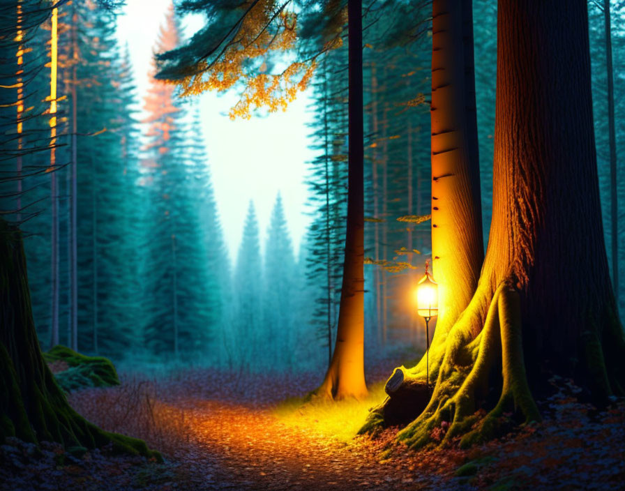 Enchanting forest path at dusk with warm lamp post glow